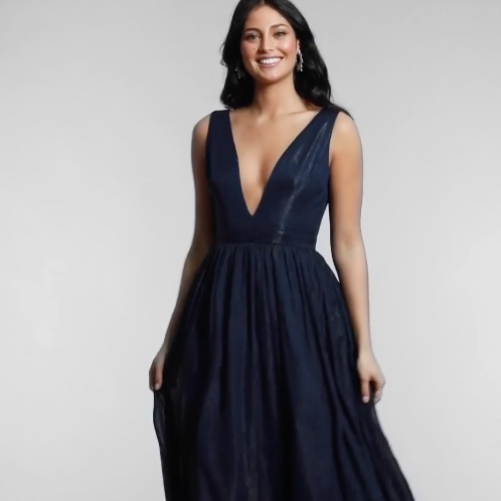 Navy Blue Plunge Neckline Formal Prom Dress